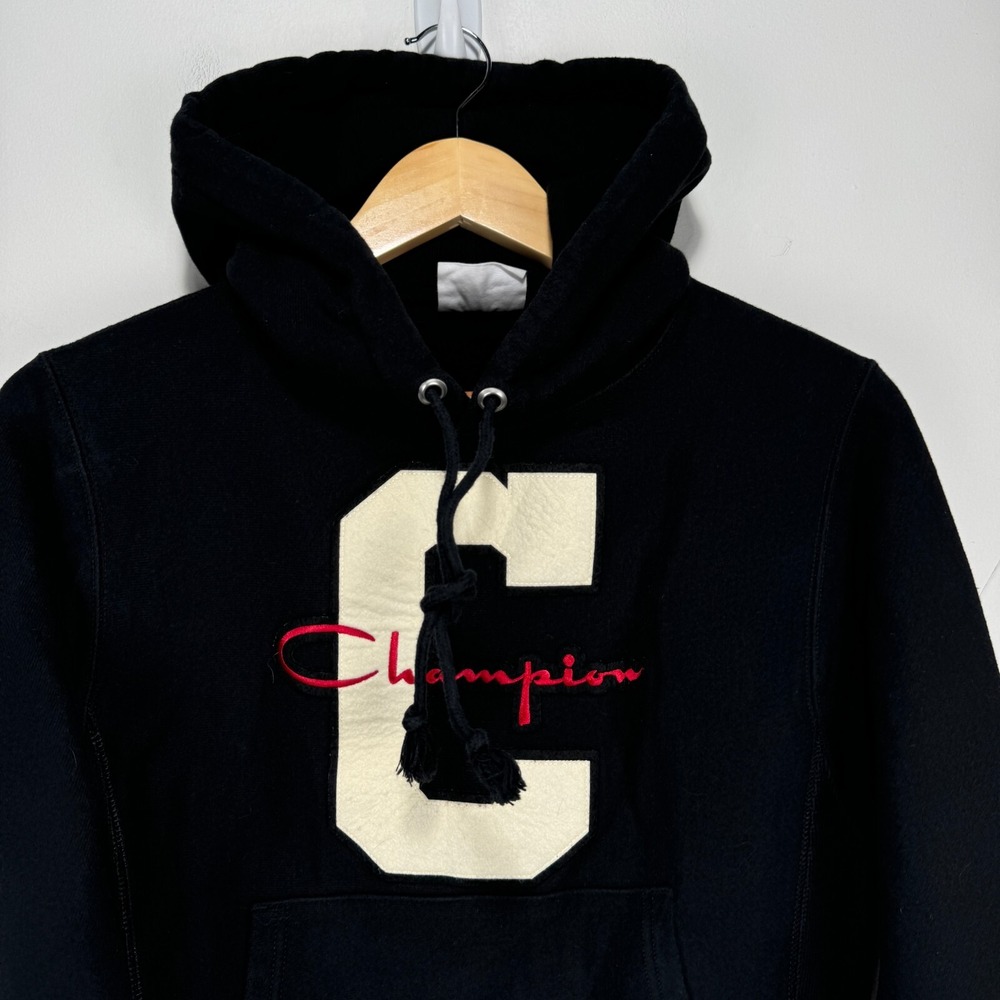 Champion Reverse Weave Chenille Felt Logo Hoodie Sweatshirt Men X-Small Black - Picture 4 of 9